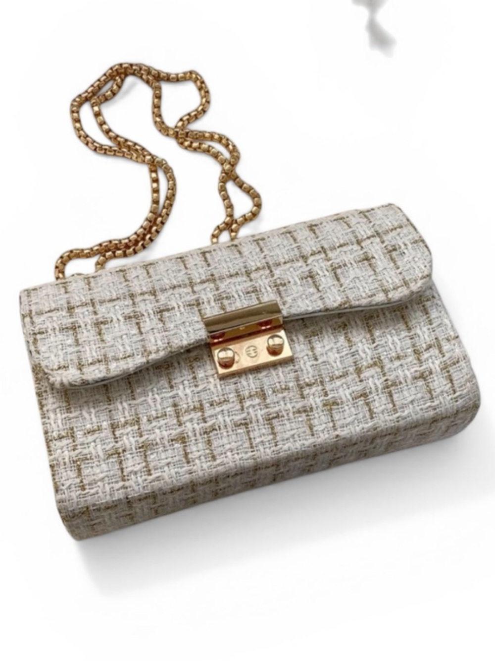 Tweed Chain Crossbody Bag in Cream with Gold Hardware